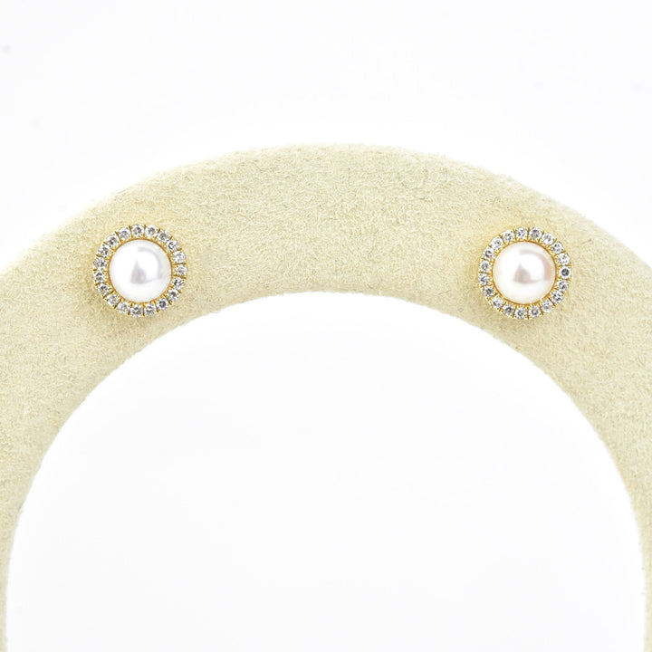 Pearl and Diamond Halo Studs in Yellow Gold
