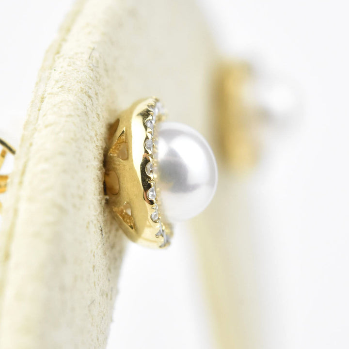 Pearl and Diamond Halo Studs in Yellow Gold