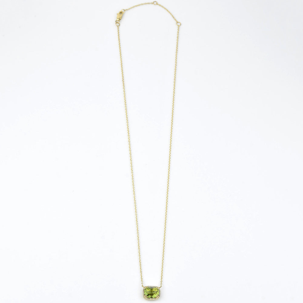 Peridot and Diamond Halo Necklace in Yellow Gold - Goldmakers Fine Jewelry
