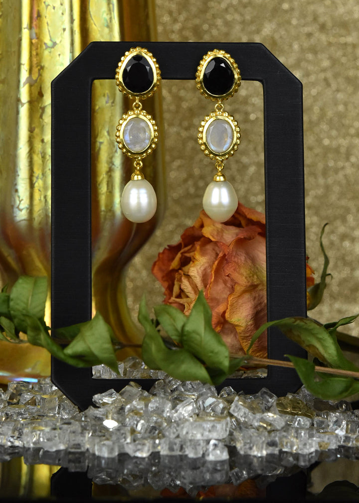 Peyton Earrings, Black Onyx & Pearl
