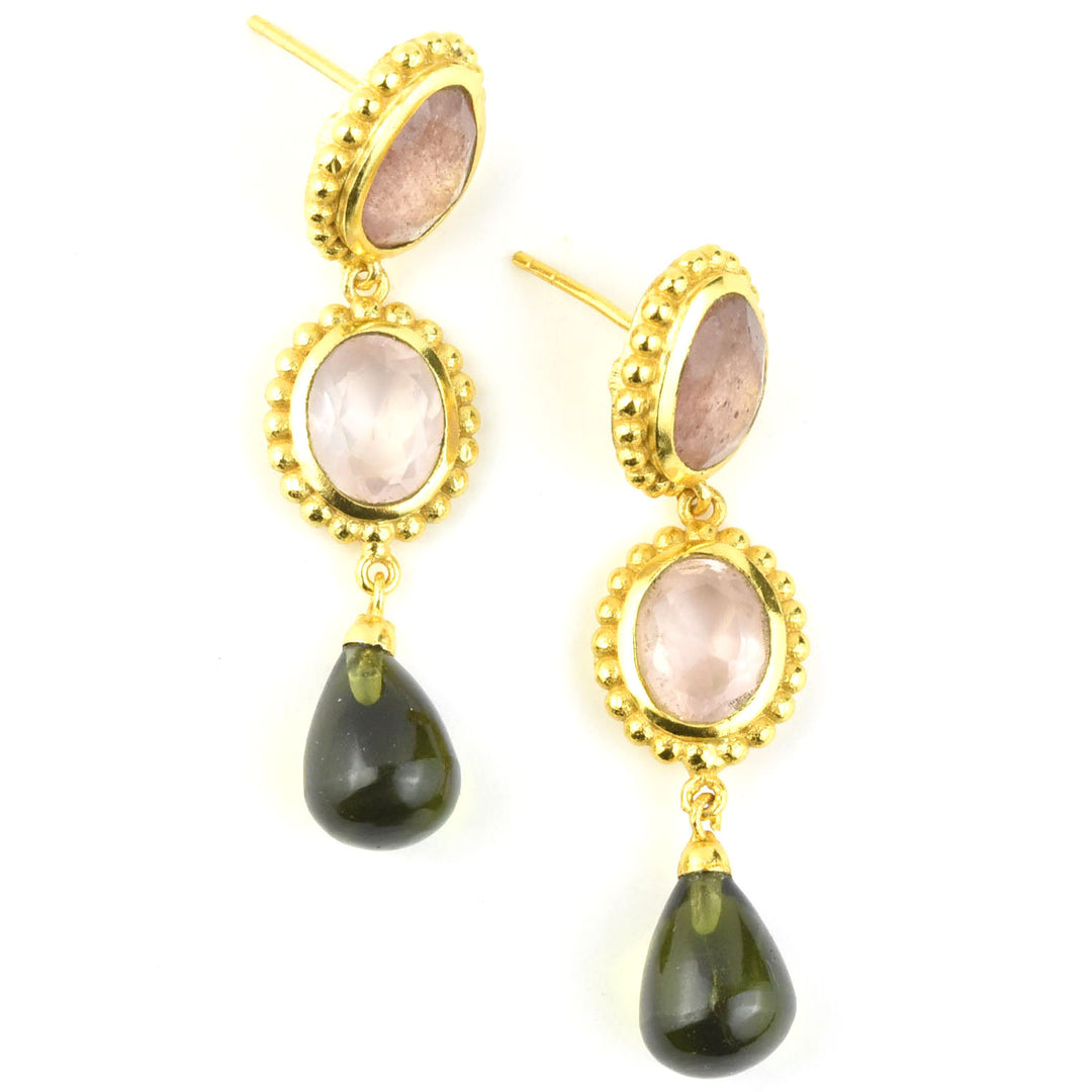 Peyton Earrings, Green Tourmaline & Strawberry Quartz