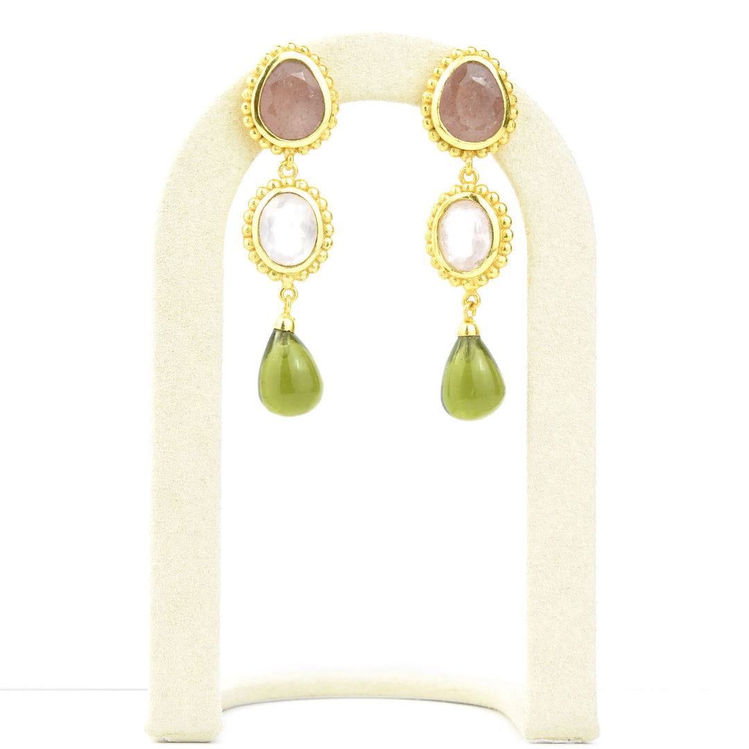 Peyton Earrings, Green Tourmaline & Strawberry Quartz
