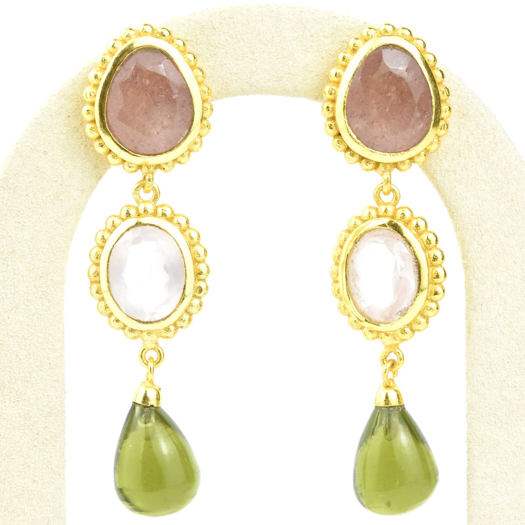 Peyton Earrings, Green Tourmaline & Strawberry Quartz