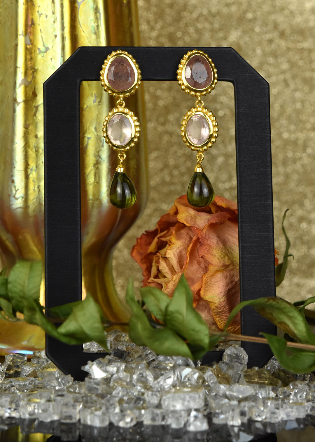 Peyton Earrings, Green Tourmaline & Strawberry Quartz