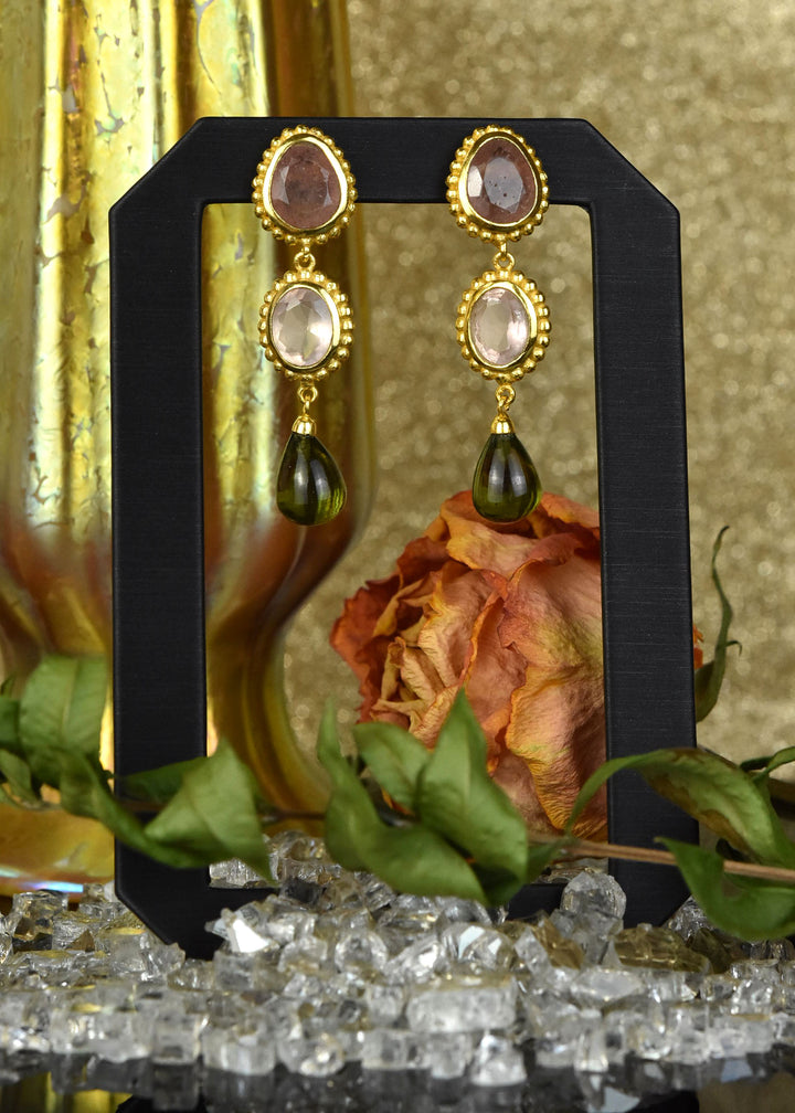 Peyton Earrings, Green Tourmaline & Strawberry Quartz