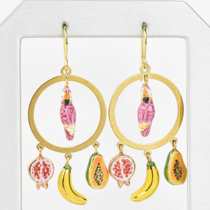 Pink Cockatoo and Fruits Dangle Earrings - Goldmakers Fine Jewelry