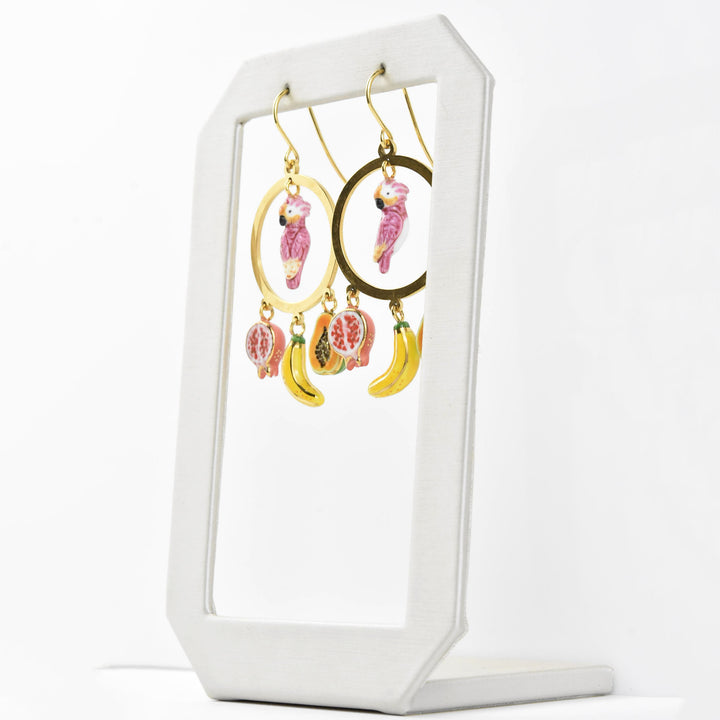 Pink Cockatoo and Fruits Dangle Earrings - Goldmakers Fine Jewelry