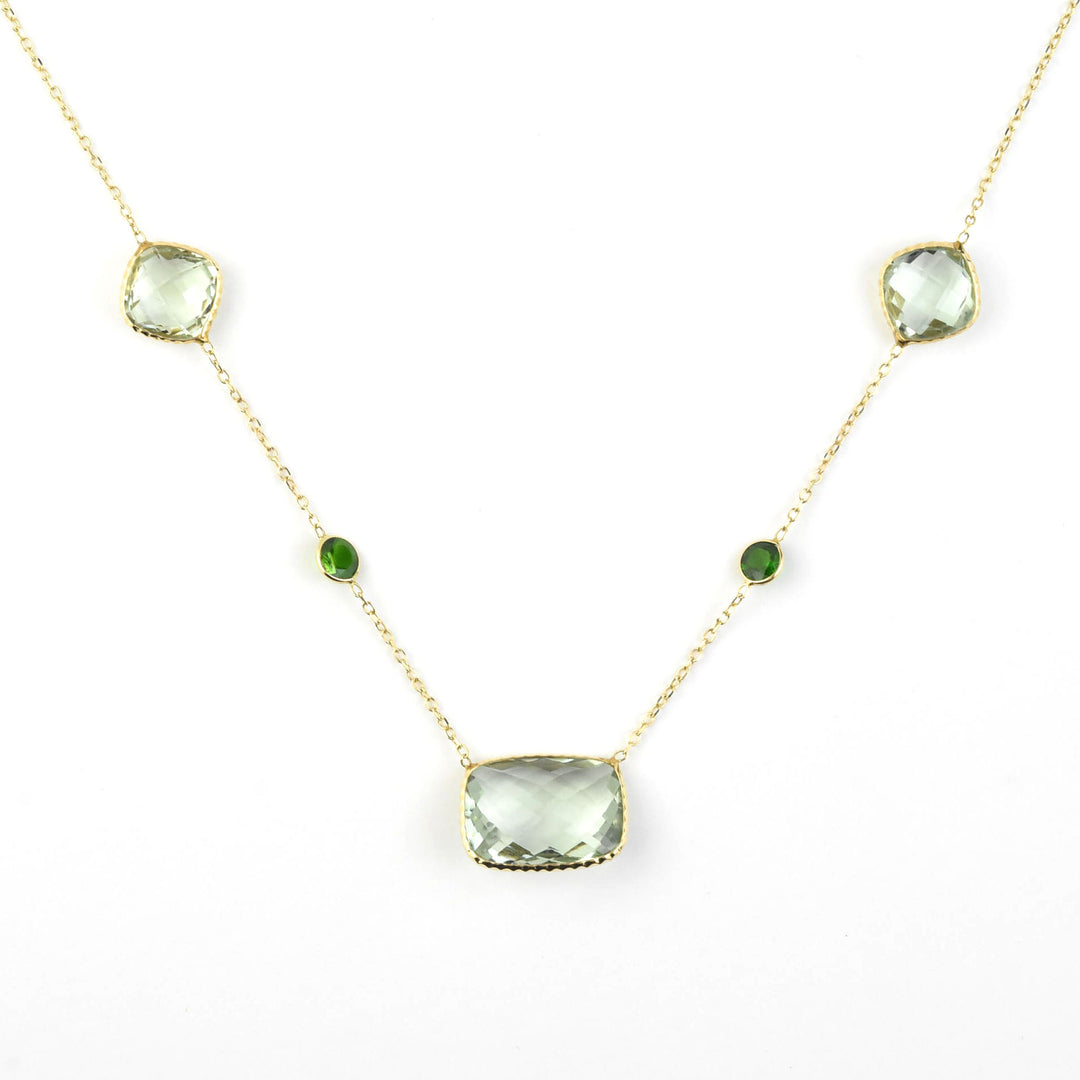 Prasiolite and Green Tourmaline Station Necklace in 14k Yellow Gold