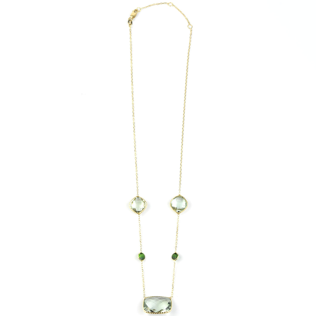 Prasiolite and Green Tourmaline Station Necklace in 14k Yellow Gold