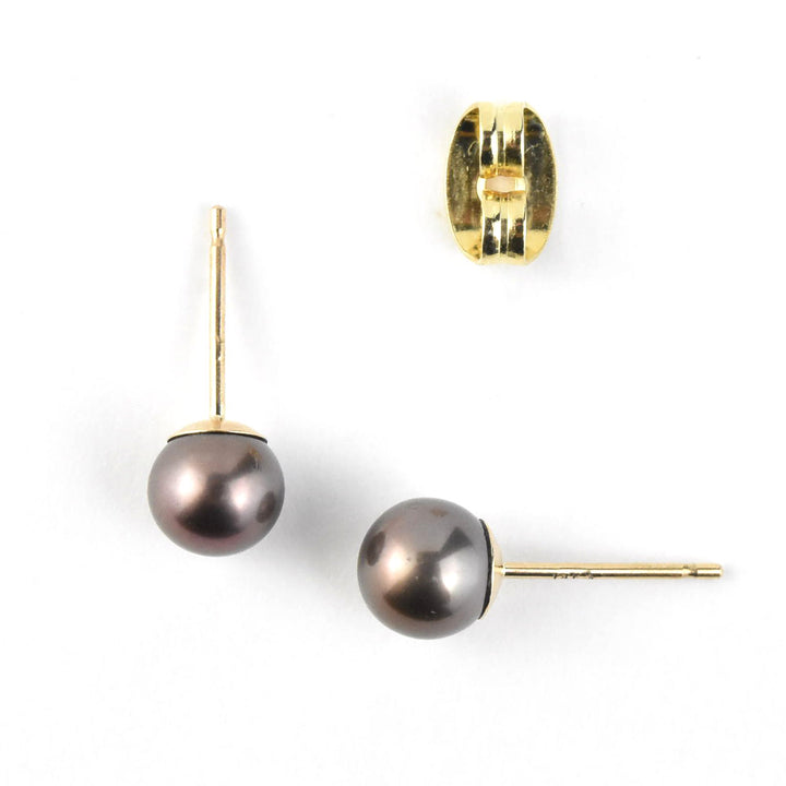 Purple Black Pearl Studs in 14k Yellow Gold No. 1