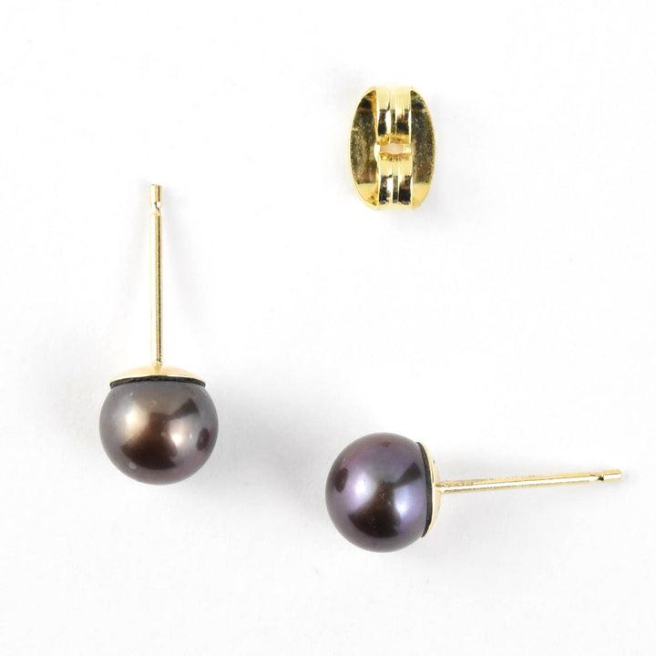 Purple Black Pearl Studs in 14k Yellow Gold No. 2