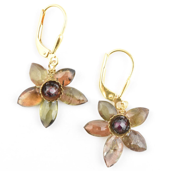 Quartz & Garnet Flower Earrings