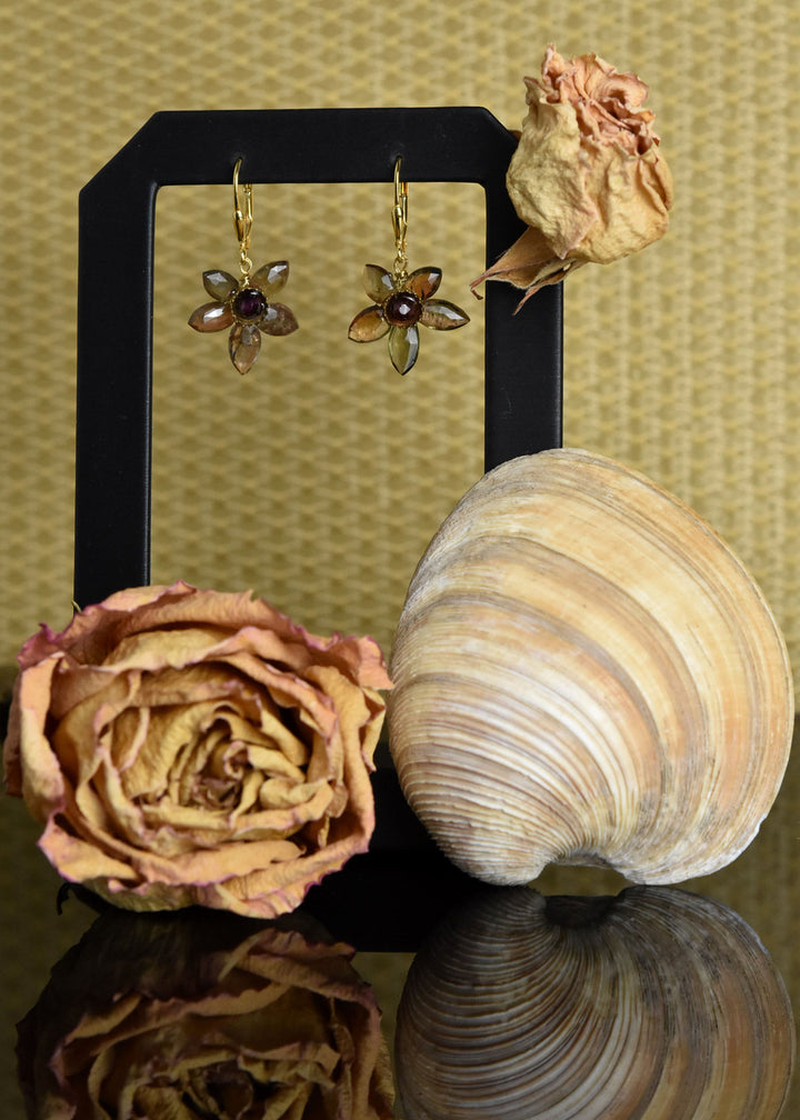 Quartz & Garnet Flower Earrings