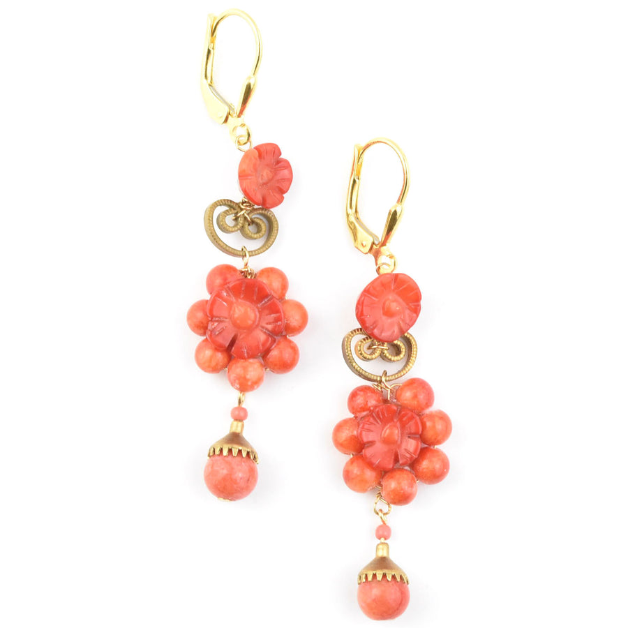 Vintage Inspired Red Coral Rosette Earrings - Goldmakers Fine Jewelry