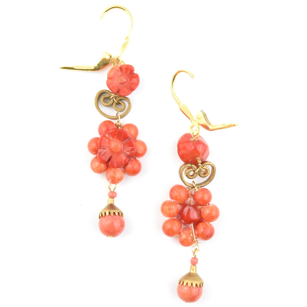Vintage Inspired Red Coral Rosette Earrings - Goldmakers Fine Jewelry