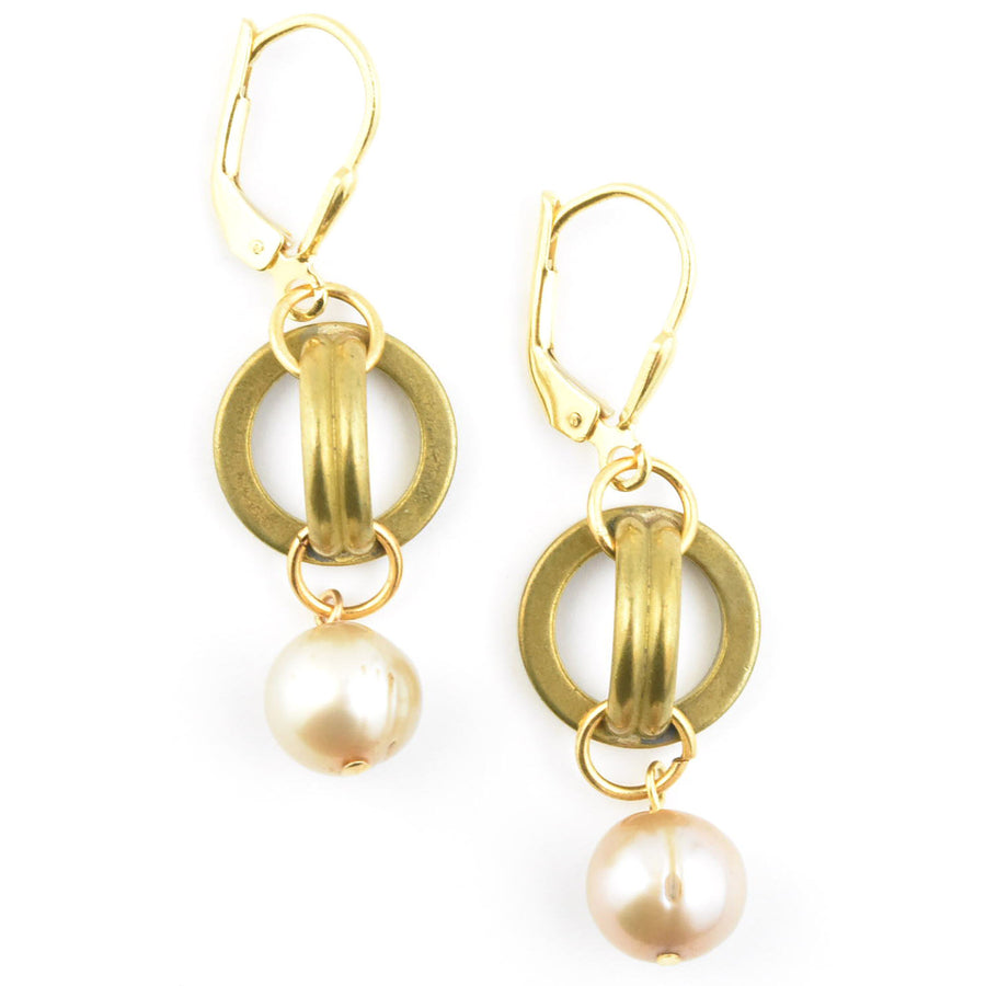 Vintage Brass Round Link & Pearl Earrings - Goldmakers Fine Jewelry