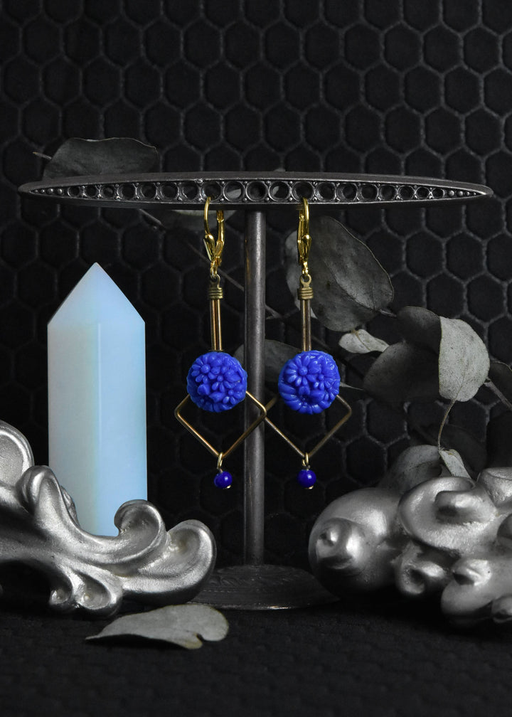 Royal Blue Floral Glass Earrings