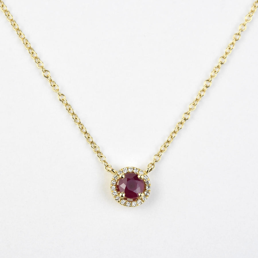 Ruby and Diamond Halo Necklace in Yellow gold - Goldmakers Fine Jewelry