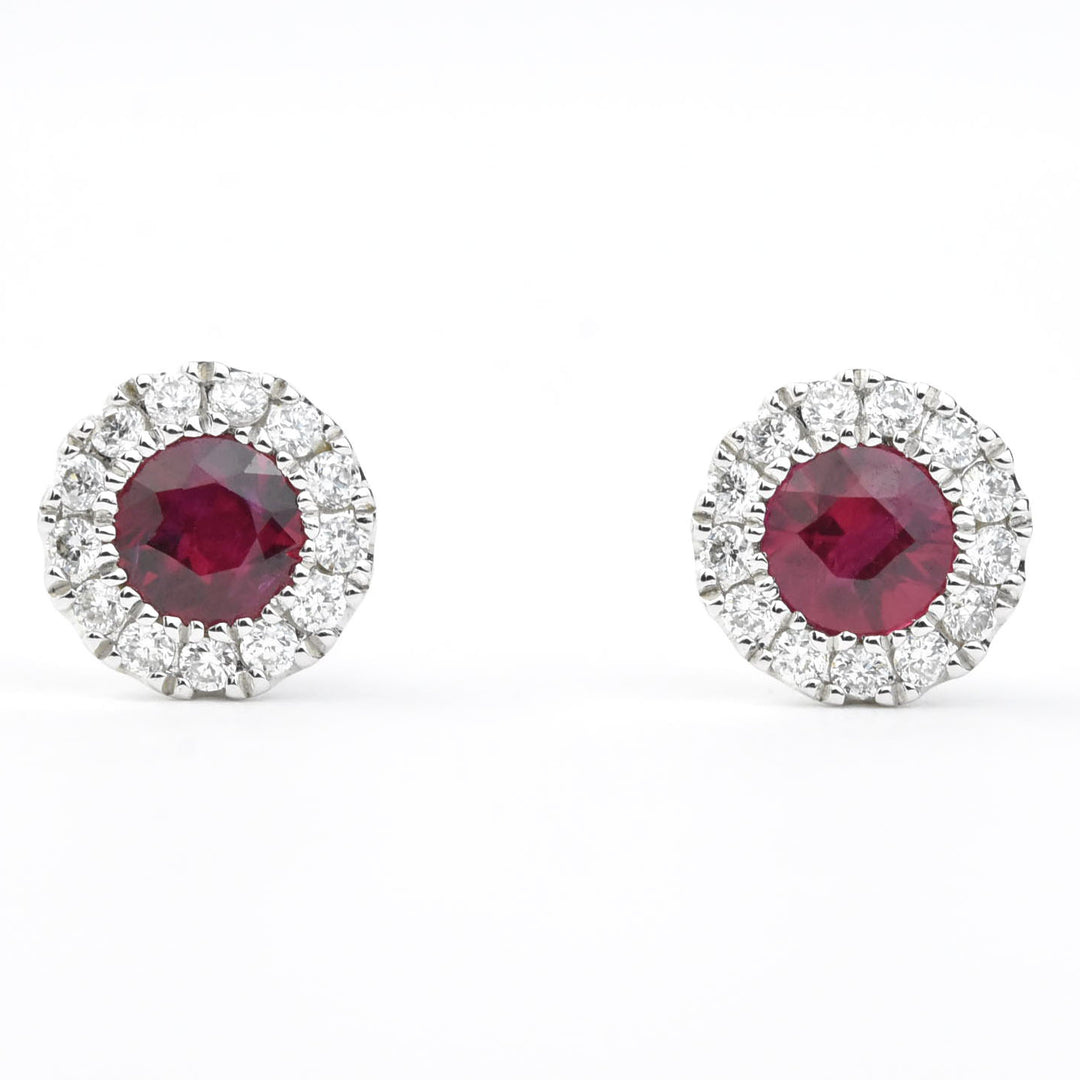 Ruby and Diamond Halo Studs in White Gold