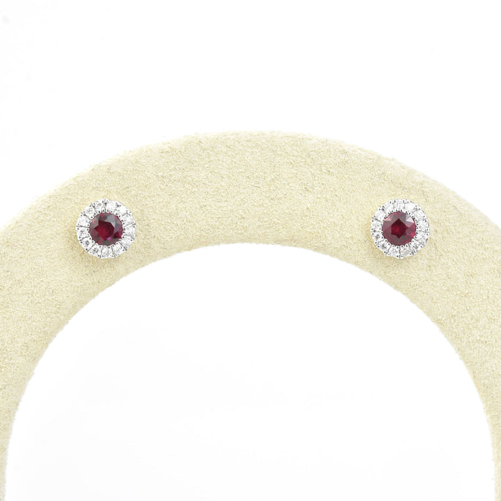 Ruby and Diamond Halo Studs in White Gold
