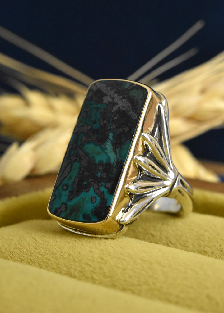 Azurite Ring in Sterling Silver with Gold Bezel