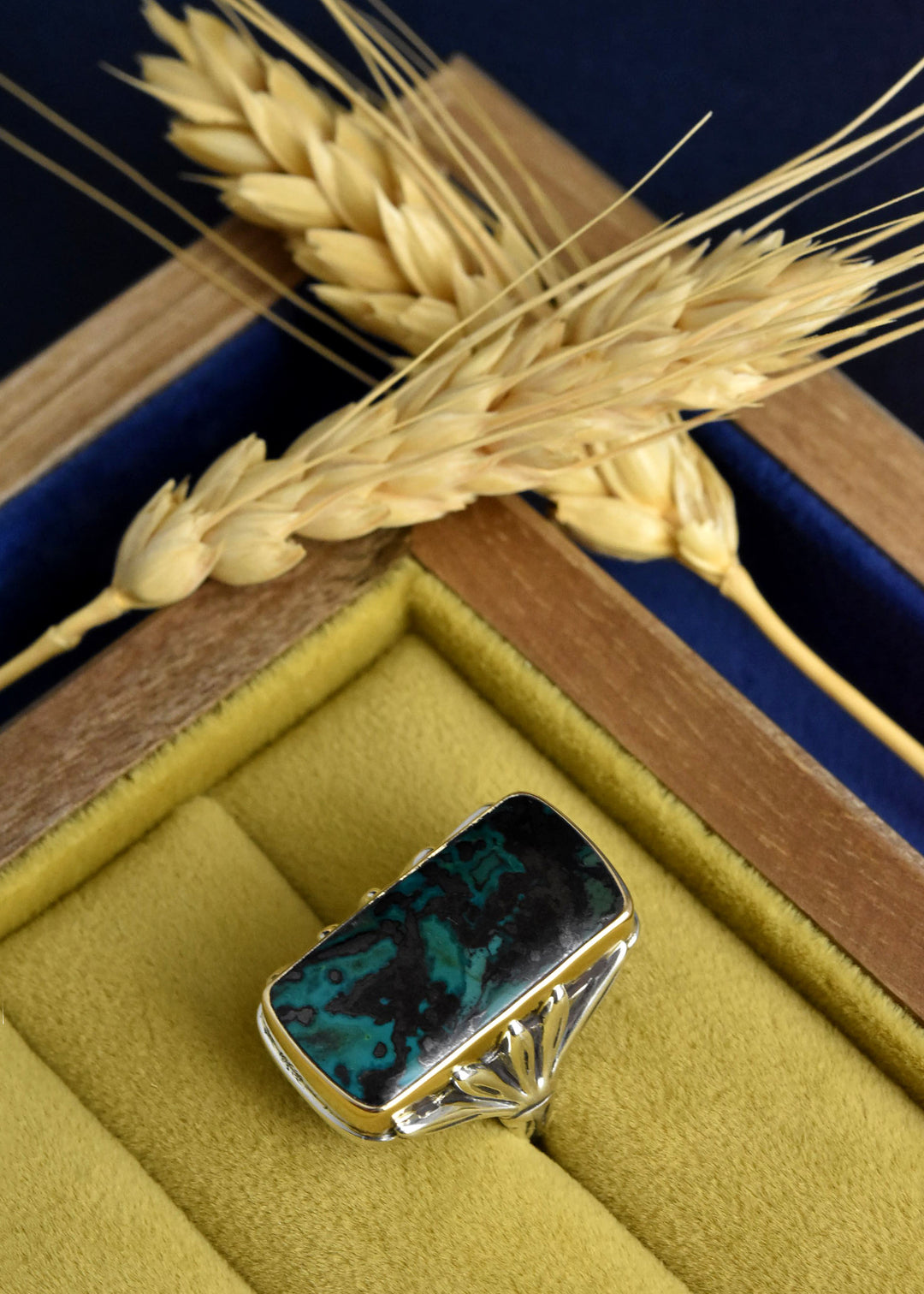 Azurite Ring in Sterling Silver with Gold Bezel