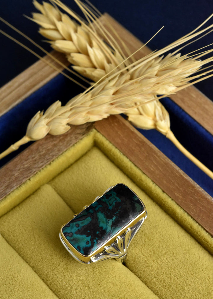 Azurite Ring in Sterling Silver with Gold Bezel