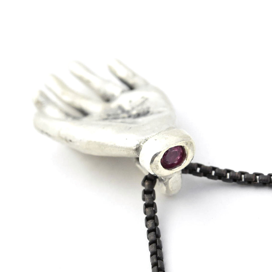 "The Moneymaker" Antiqued Silver Hand Talisman with Ruby - Goldmakers Fine Jewelry