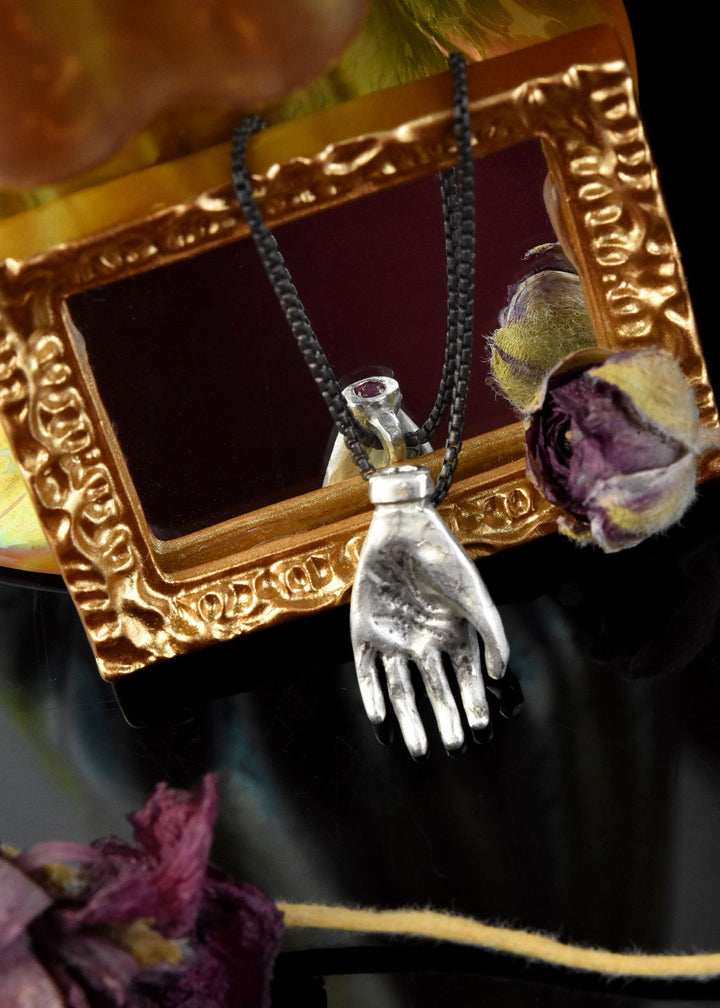 "The Moneymaker" Antiqued Silver Hand Talisman with Ruby - Goldmakers Fine Jewelry