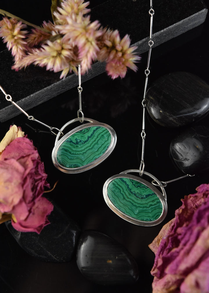 Oval Malachite Necklace in Sterling Silver