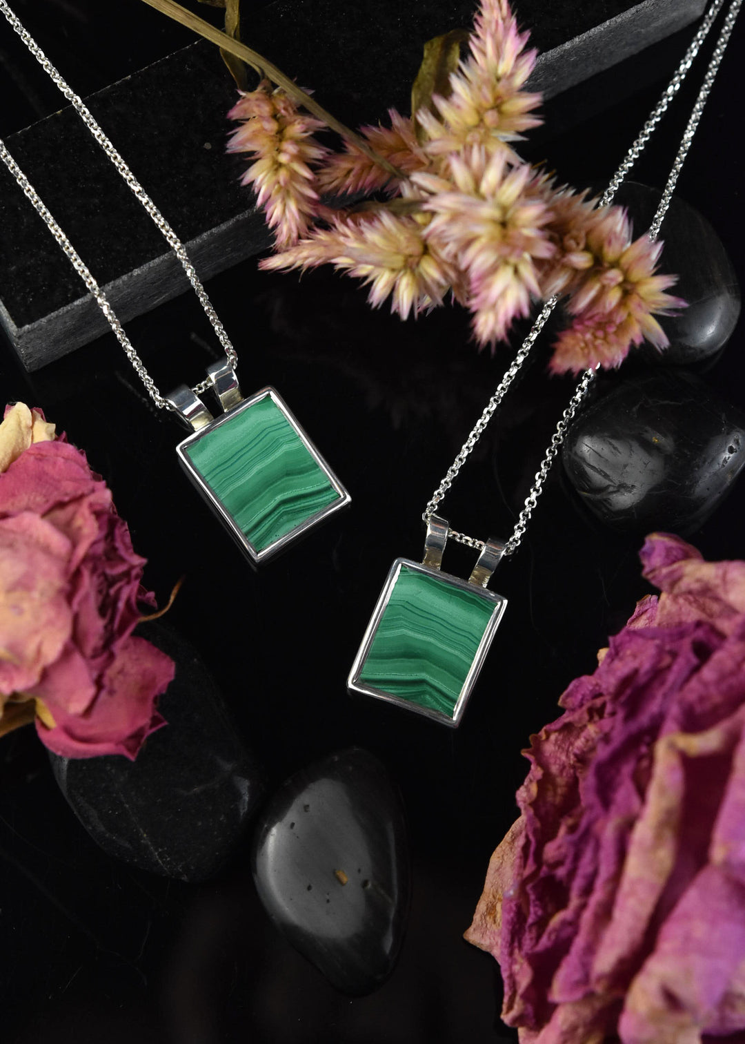 Square Malachite Necklace in Sterling Silver