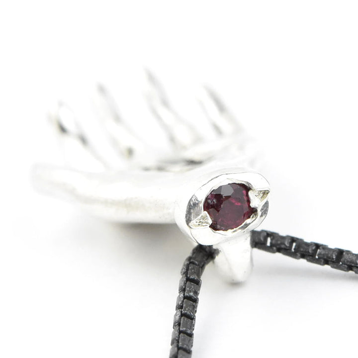"The Moneymaker" Antiqued Silver Hand Talisman with Ruby