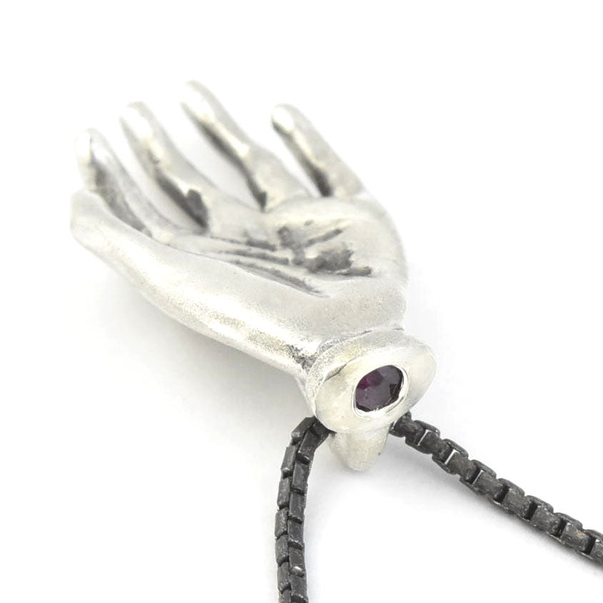 "The Moneymaker" Antiqued Matte Silver Hand Talisman with Ruby - Goldmakers Fine Jewelry