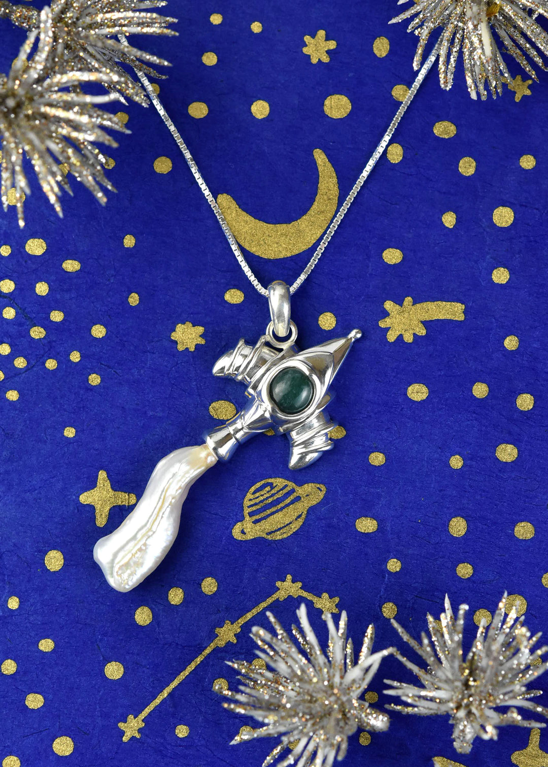 Silver Rocket Ship with Pearl Plume and Jadite