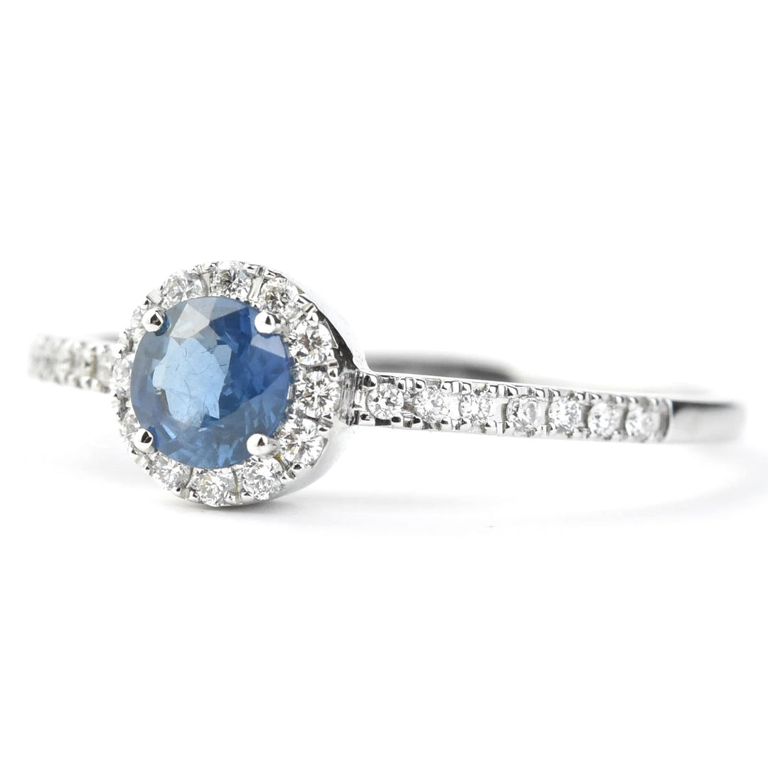 Sapphire and Diamond Halo Ring in 14k White Gold