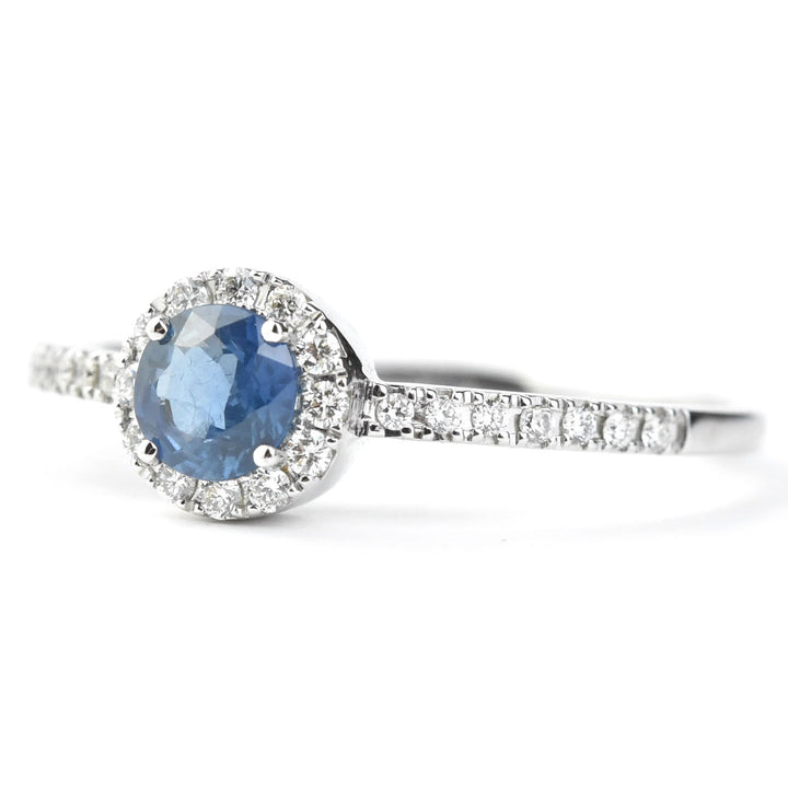 Sapphire and Diamond Halo Ring in 14k White Gold