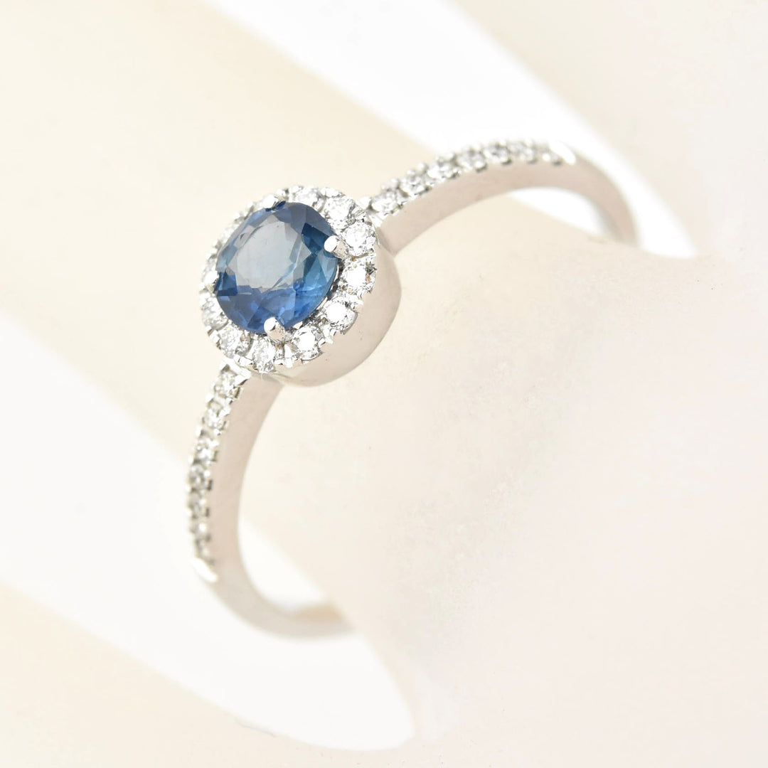 Sapphire and Diamond Halo Ring in 14k White Gold