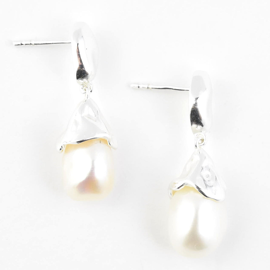 Sculptural Pearl Drop Earrings in Sterling Silver - Goldmakers Fine Jewelry