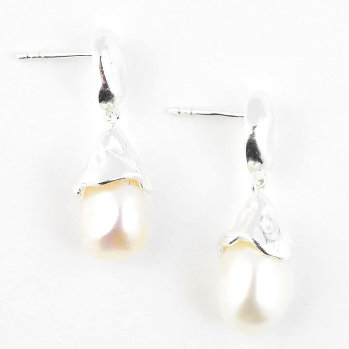 Sculptural Pearl Drop Earrings in Sterling Silver - Goldmakers Fine Jewelry