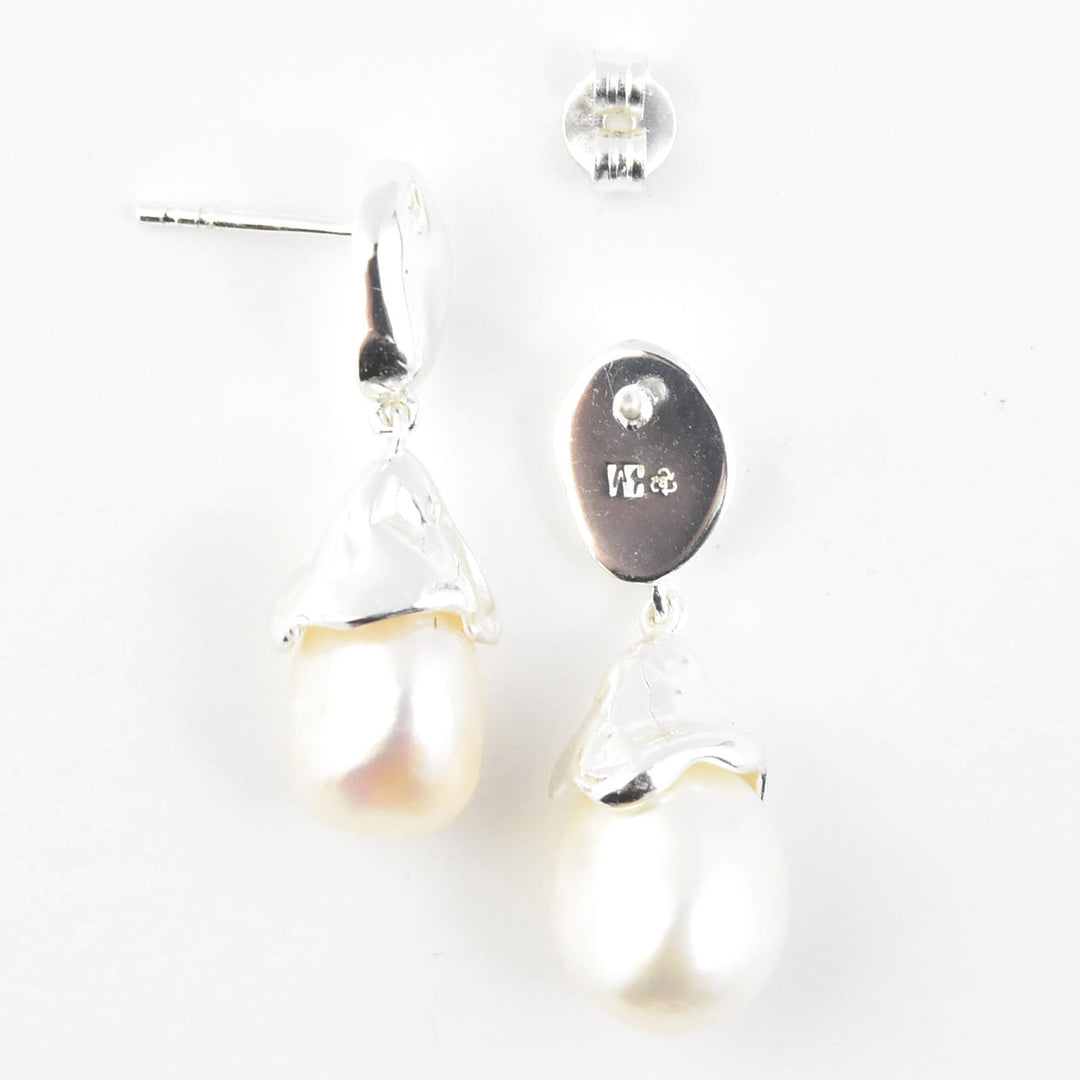 Sculptural Pearl Drop Earrings in Sterling Silver - Goldmakers Fine Jewelry