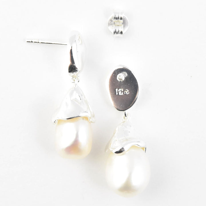 Sculptural Pearl Drop Earrings in Sterling Silver - Goldmakers Fine Jewelry