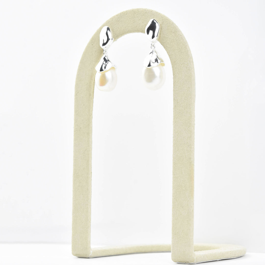 Sculptural Pearl Drop Earrings in Sterling Silver - Goldmakers Fine Jewelry
