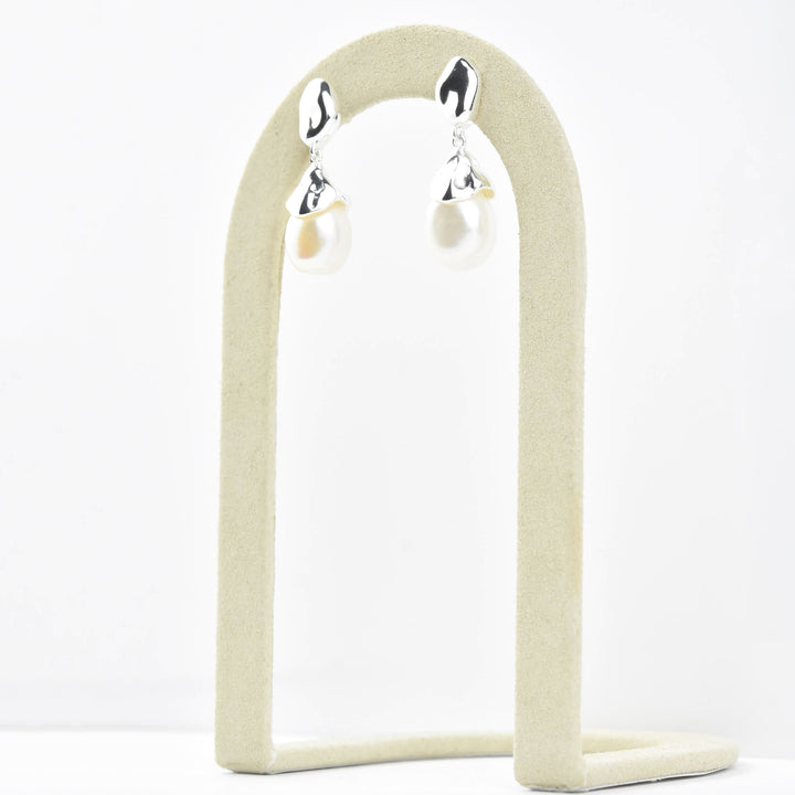 Sculptural Pearl Drop Earrings in Sterling Silver - Goldmakers Fine Jewelry