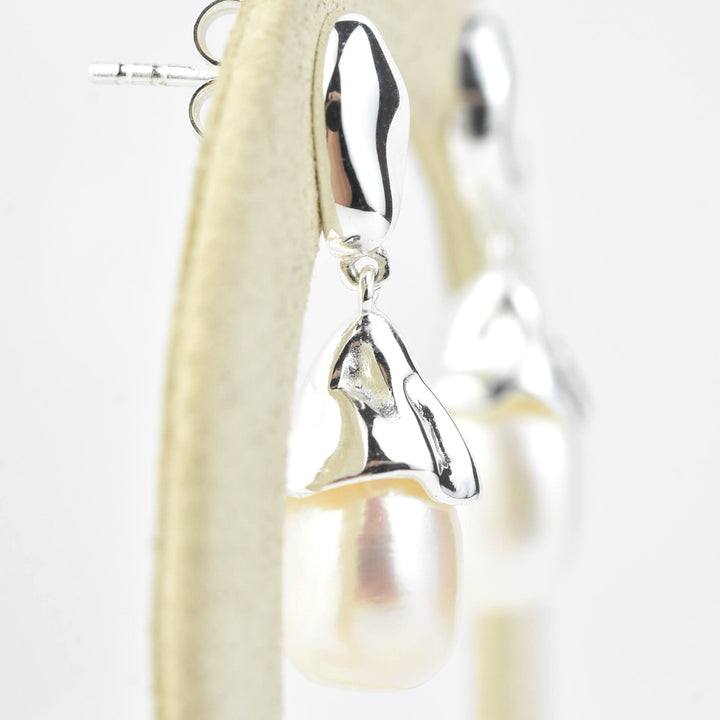 Sculptural Pearl Drop Earrings in Sterling Silver - Goldmakers Fine Jewelry