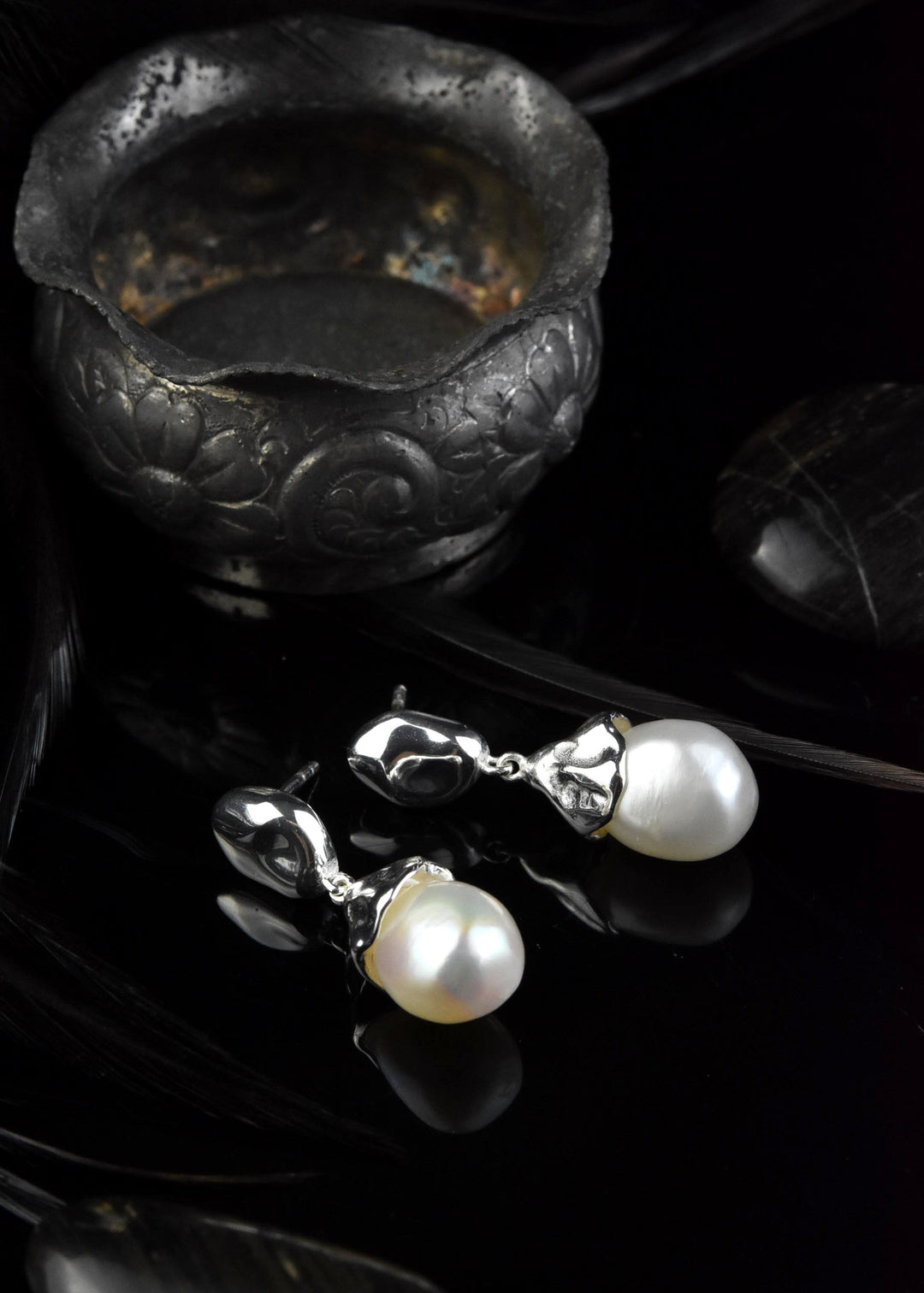 Sculptural Pearl Drop Earrings in Sterling Silver - Goldmakers Fine Jewelry