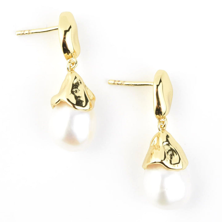 Sculptural Pearl Drop Earrings in Gold Plate - Goldmakers Fine Jewelry