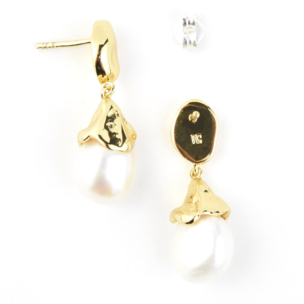Sculptural Pearl Drop Earrings in Gold Plate - Goldmakers Fine Jewelry