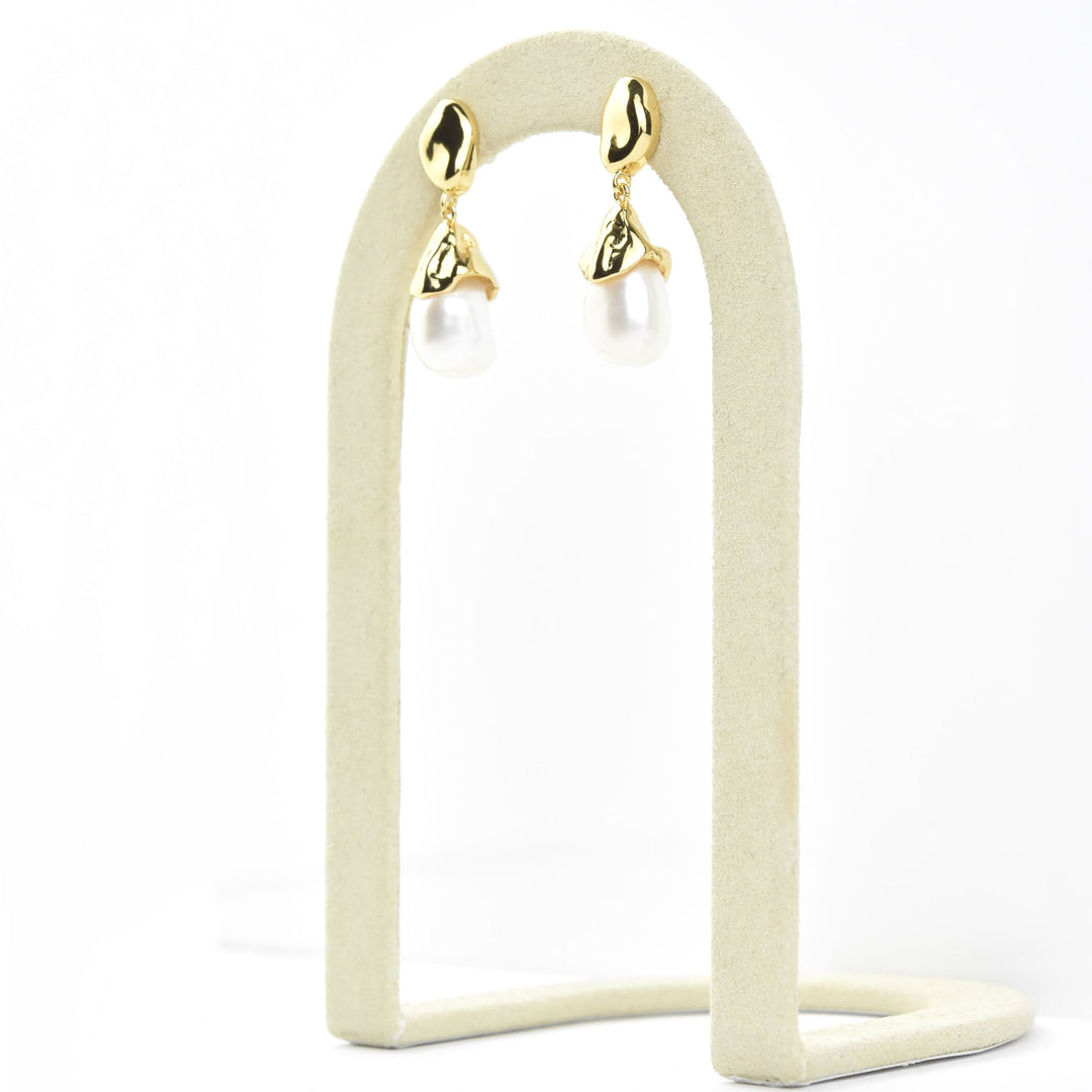 Sculptural Pearl Drop Earrings in Gold Plate - Goldmakers Fine Jewelry