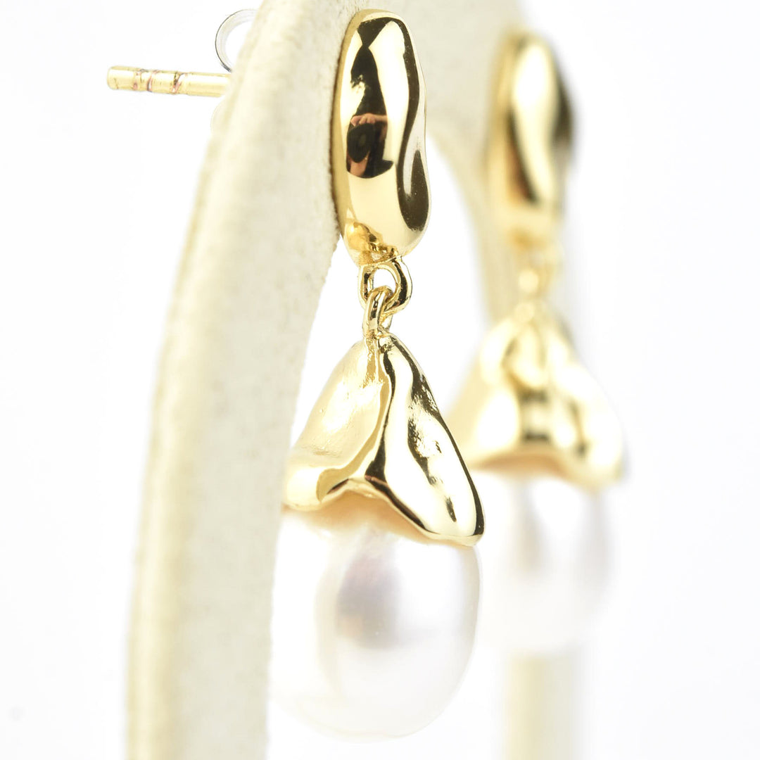 Sculptural Pearl Drop Earrings in Gold Plate - Goldmakers Fine Jewelry