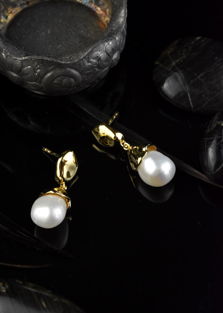Sculptural Pearl Drop Earrings in Gold Plate - Goldmakers Fine Jewelry
